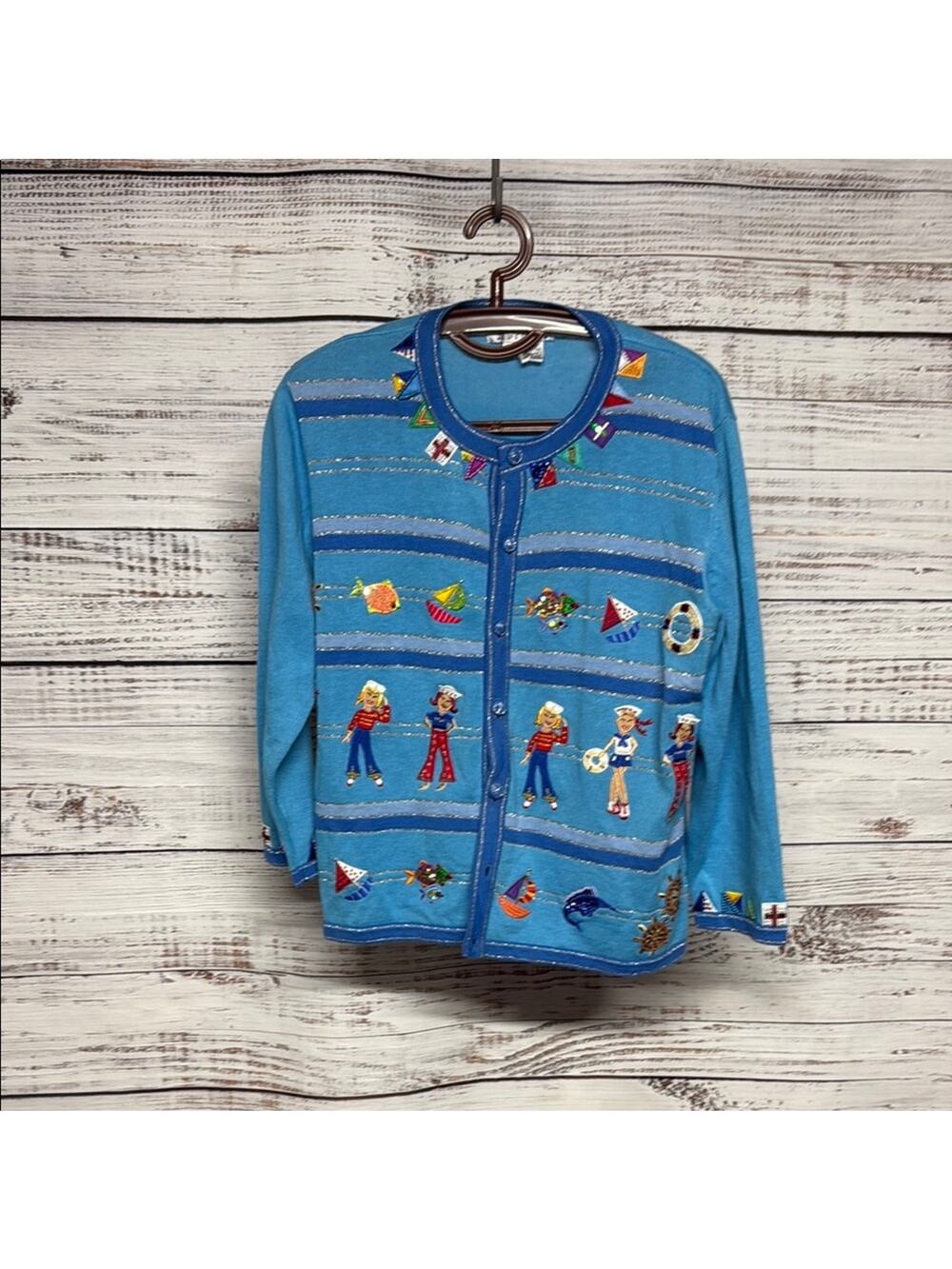 Colorful Nautical Themed Cardigan Large Jack B Quick Vintage Blue Sweater
